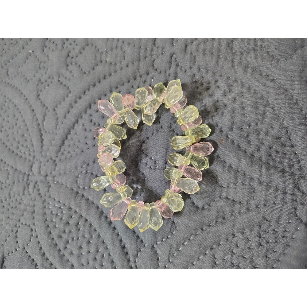 Pink and Yellow Faceted Teardrop Glass Bead Stretch Bracelet Pastel Jewelry